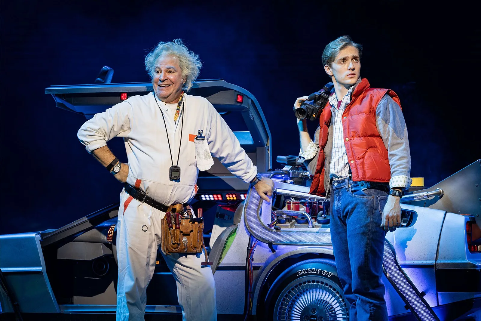 Roger Bart as Doc Brown and Axel Duffy as Marty McFly on stage in the UK tour
