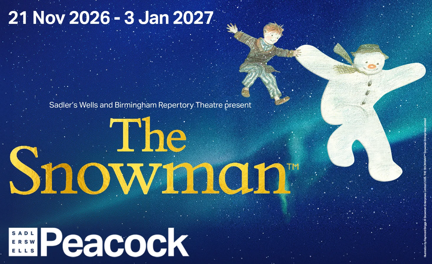 Illustrated boy and snowman flying hand in hand across a starry blue night sky above gold lettering