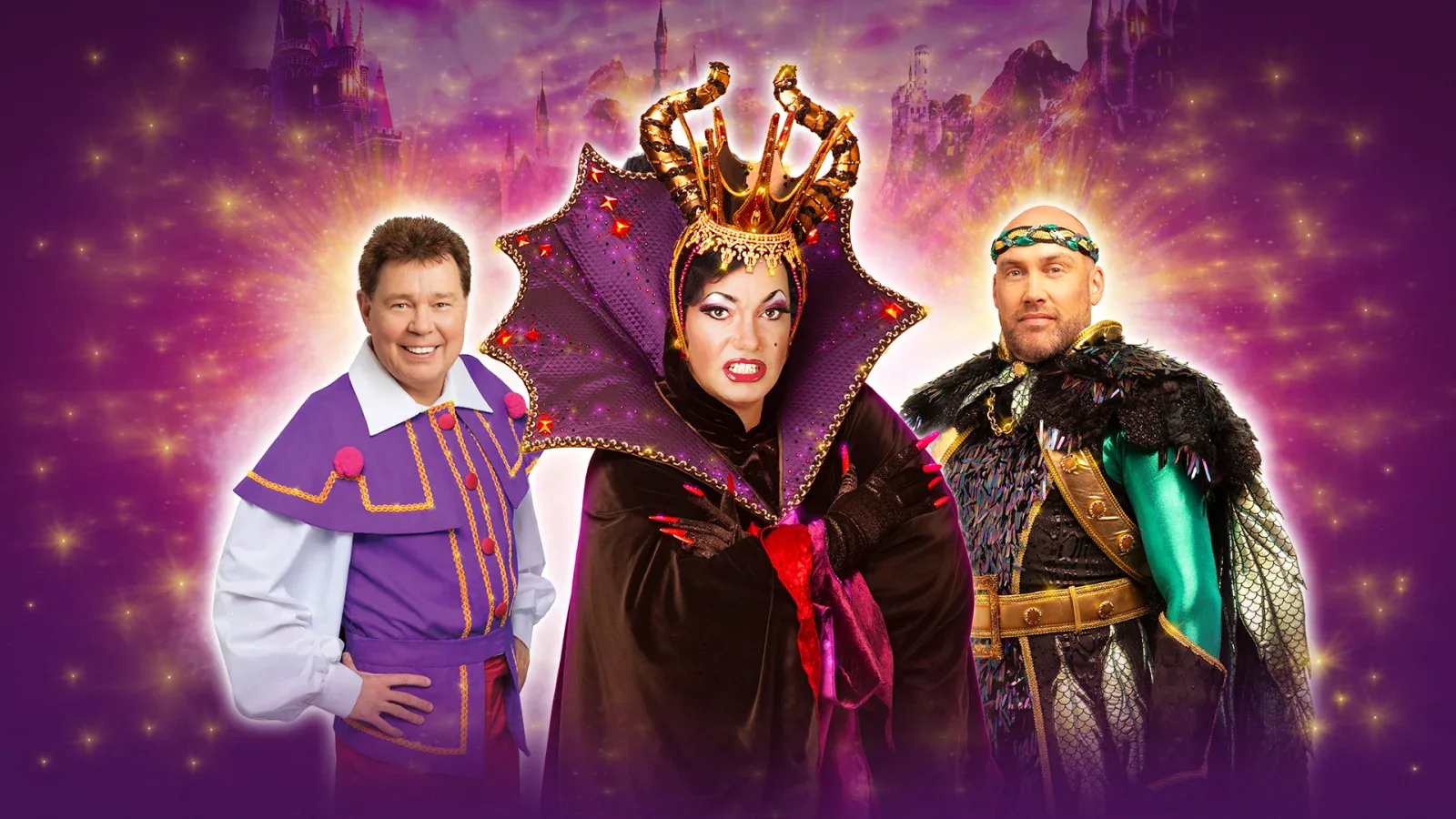 Craig Revel Horwood as Carabosse with Andy Ford and Joe Sims in panto costume at Bristol Hippodrome