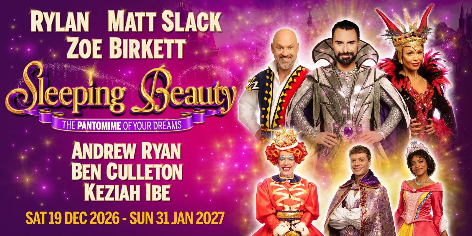 Birmingham Hippodrome pantomime 2026 key art with Rylan, Matt Slack, Zoe Birkett, Andrew Ryan, Ben Culleton and Keziah Ibe