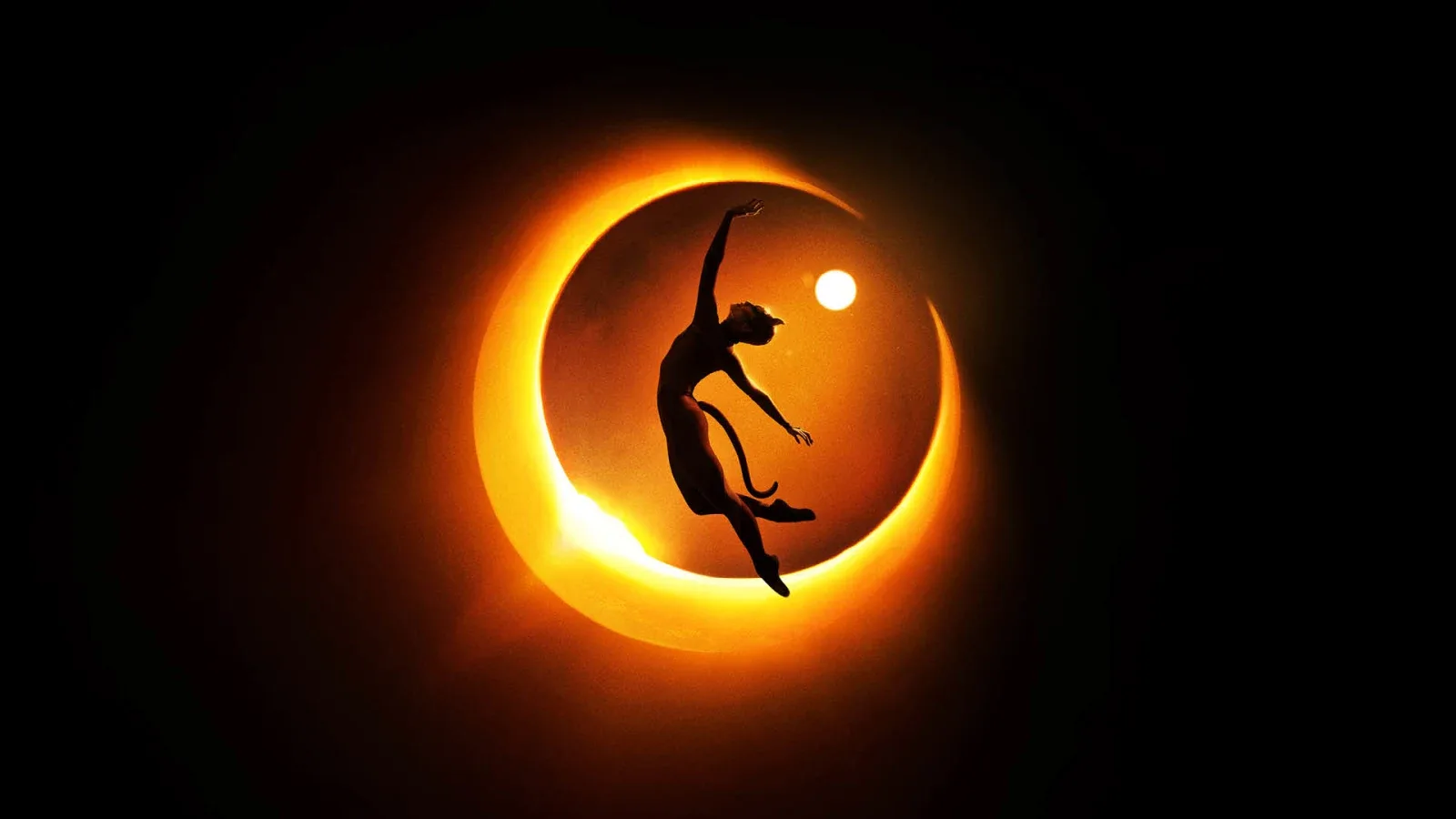 A silhouetted dancer in a cat costume leaps across a glowing orange crescent moon, in tour artwork for the Regent’s Park Open Air Theatre production of CATS