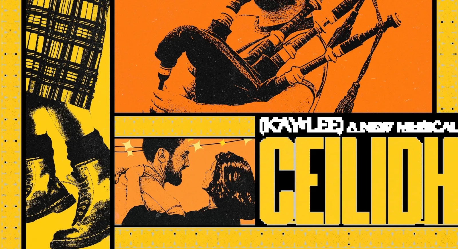 Official key artwork for Ceilidh a new musical showing tartan boots bagpipes and the title Kay-Lee