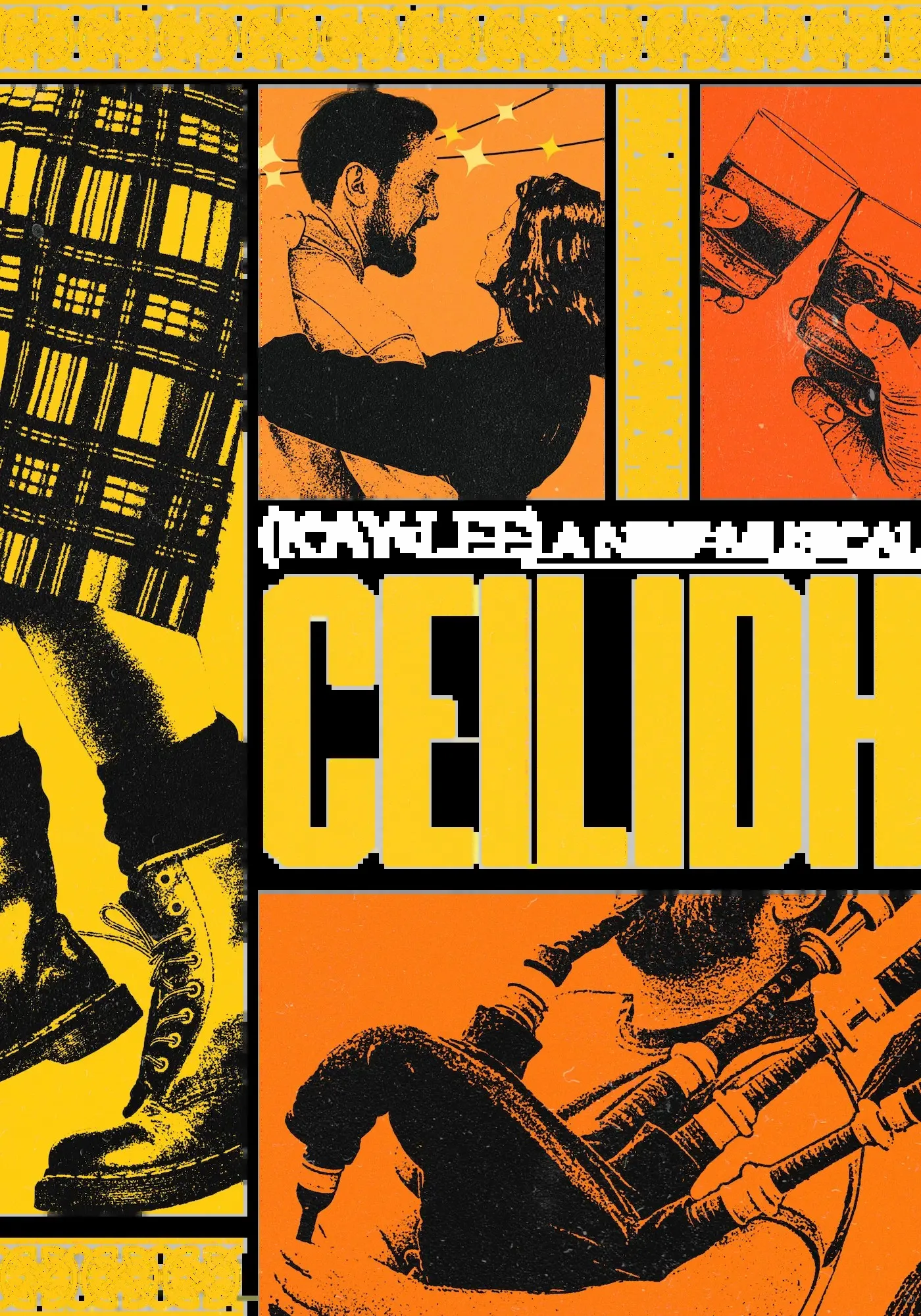 Vertical key artwork for Ceilidh a new musical with tartan boots bagpipes and title treatment