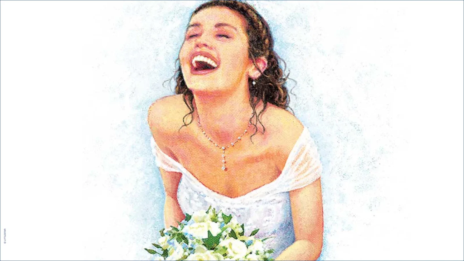 Illustrated artwork of a laughing young bride in a white off-the-shoulder dress, holding a bouquet