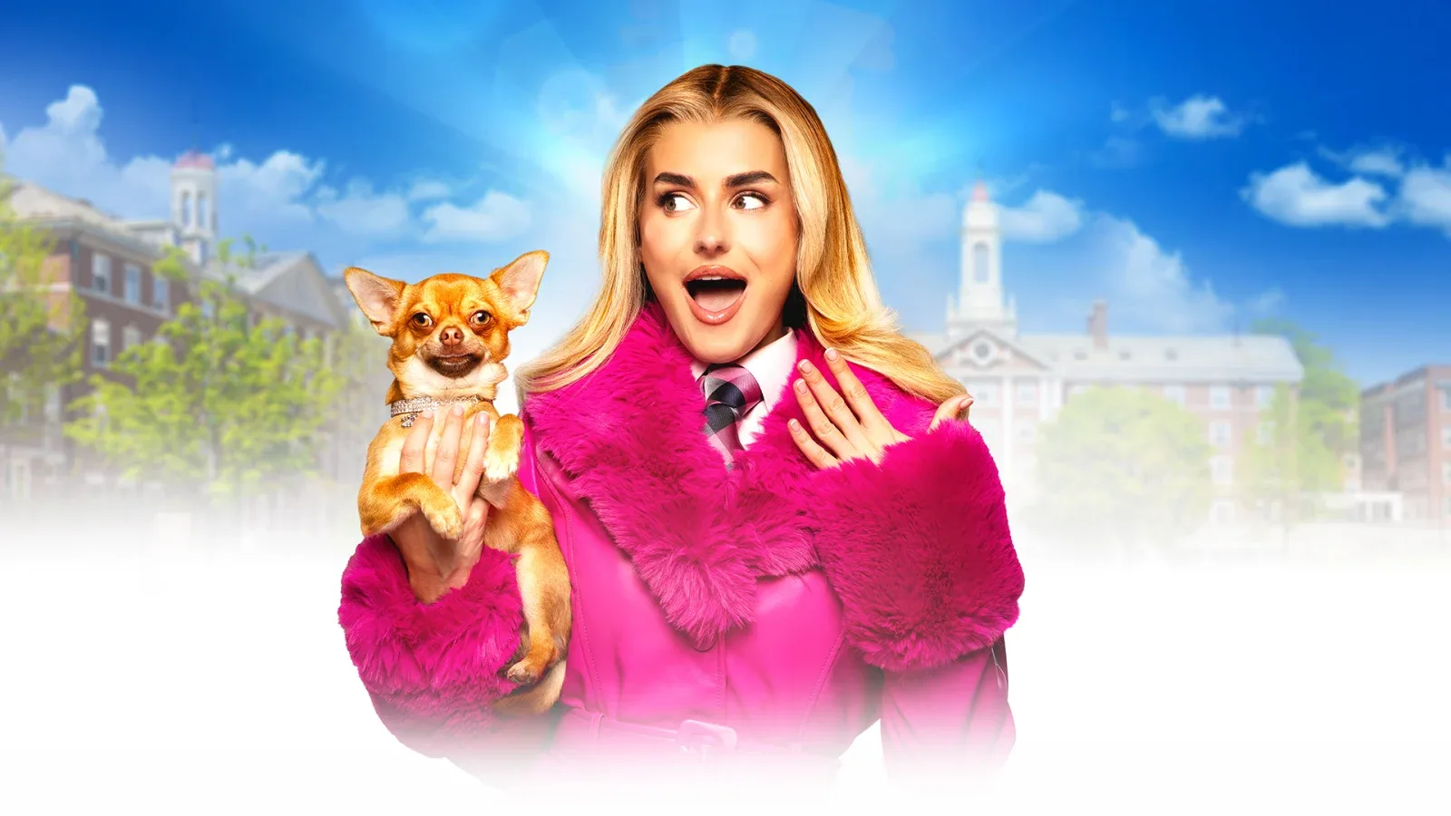 Amber Davies as Elle Woods in a fluffy pink coat, holding a small dog in front of brick university buildings