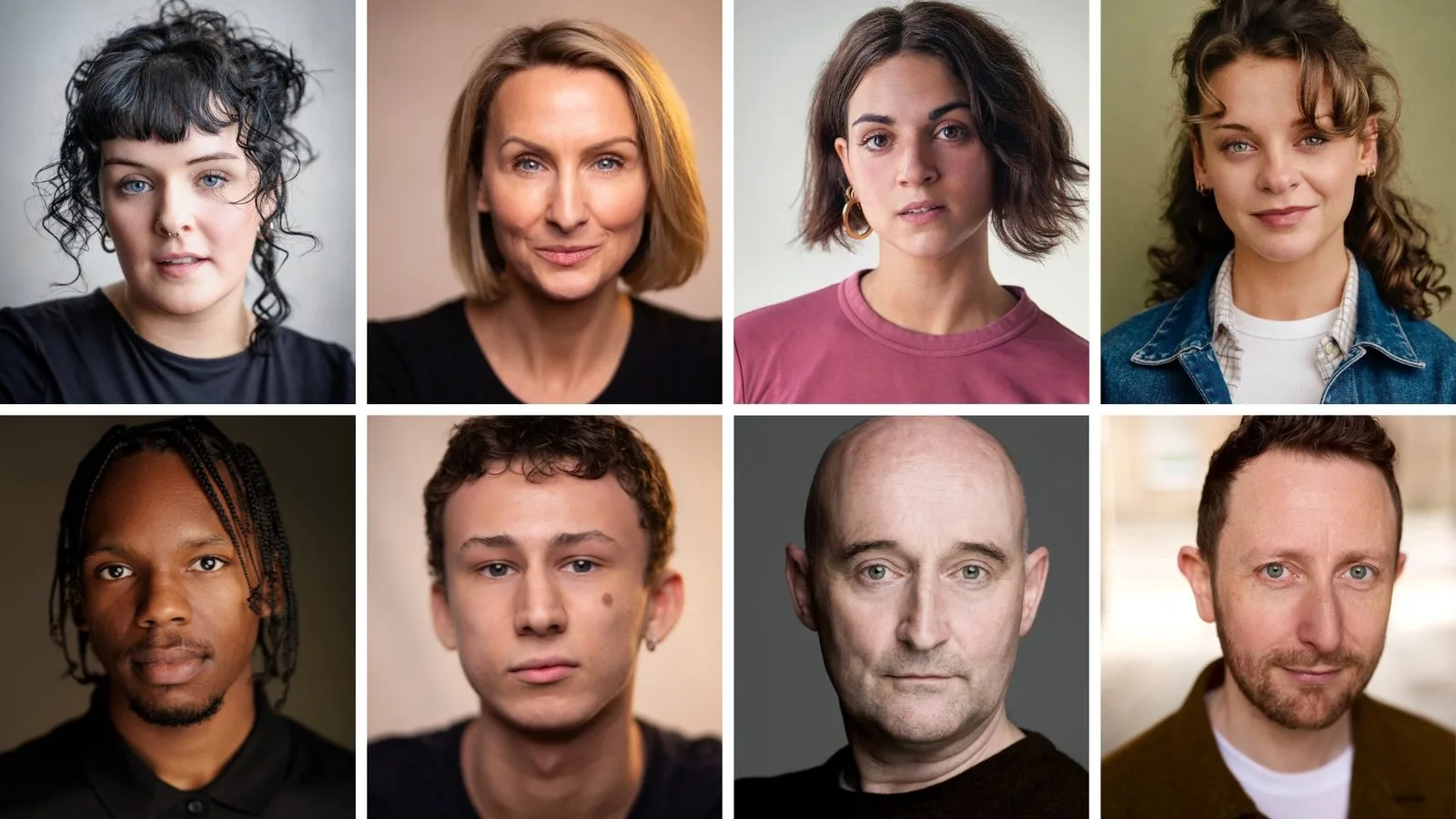 Headshots of eight members of the Citizens Theatre Cinderella company arranged in two rows of four against plain studio backgrounds