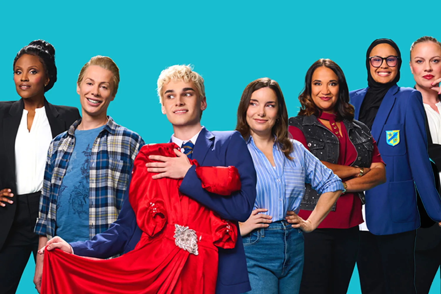 Promotional cast photograph for Everybody's Talking About Jamie with Jamie holding a red dress among friends in school uniform