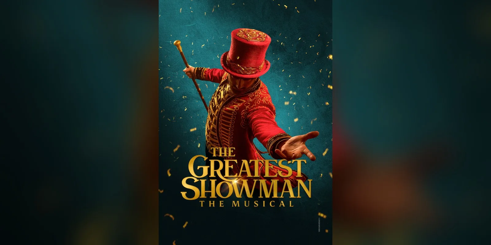 A ringmaster in a tall crimson hat and embroidered crimson and gold tailcoat flings out an arm and holds a gold topped cane on a teal backdrop flecked with gold, above gold title lettering