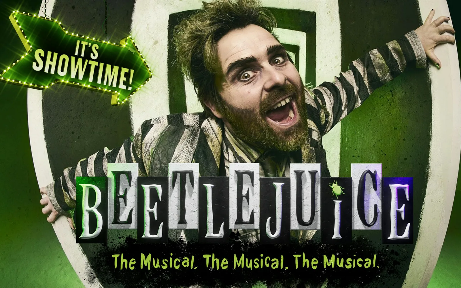 A grinning figure with wild hair, a beard and a monochrome striped suit peers out through a round doorway above the show's title