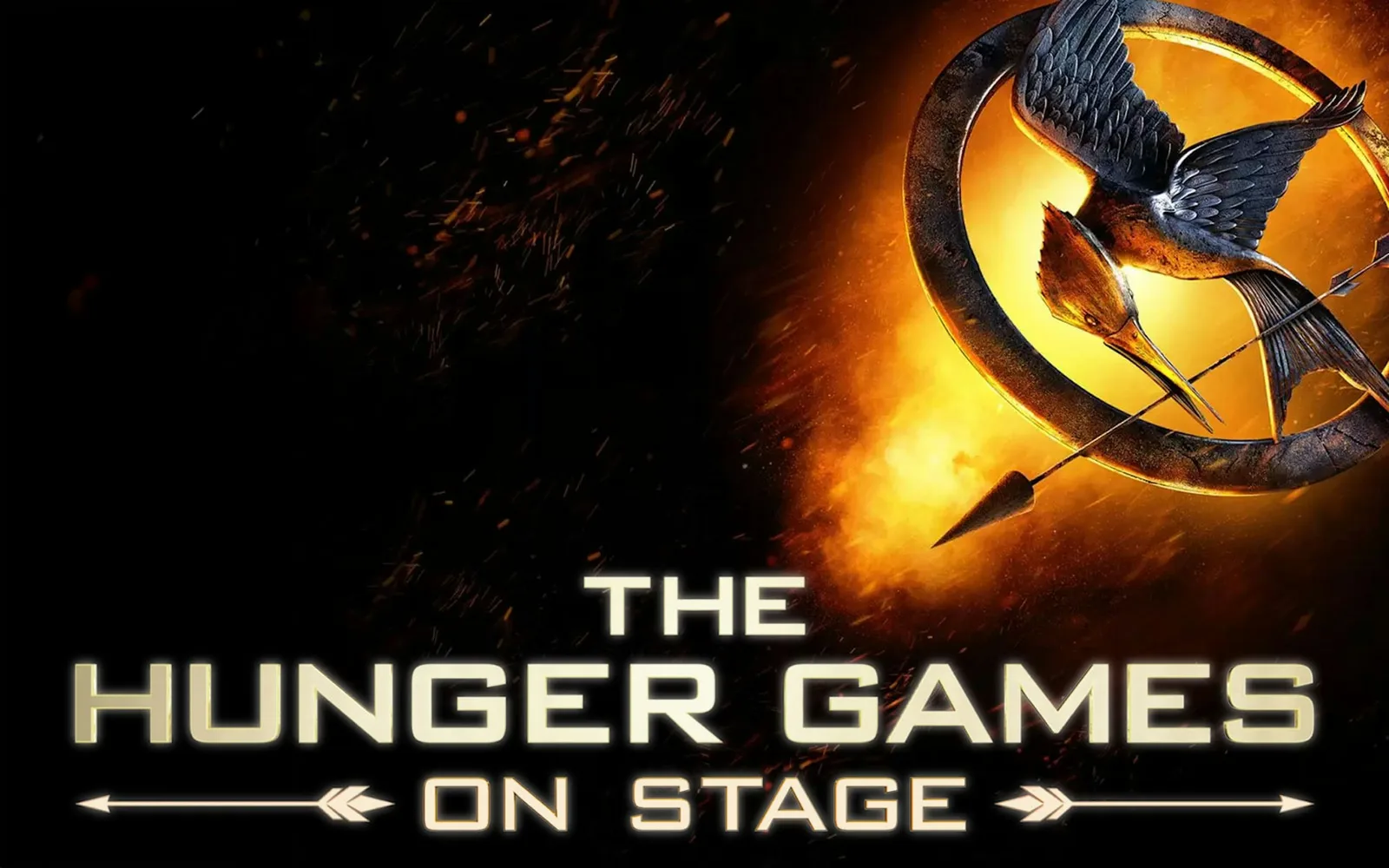 A golden mockingjay pin pierced by an arrow, glowing on a dark background above the show's title
