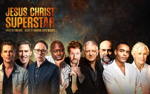Artwork showing the nine guest Herods in a row beneath the Jesus Christ Superstar title, from Matt Bomer on the left to Glenn Close on the right