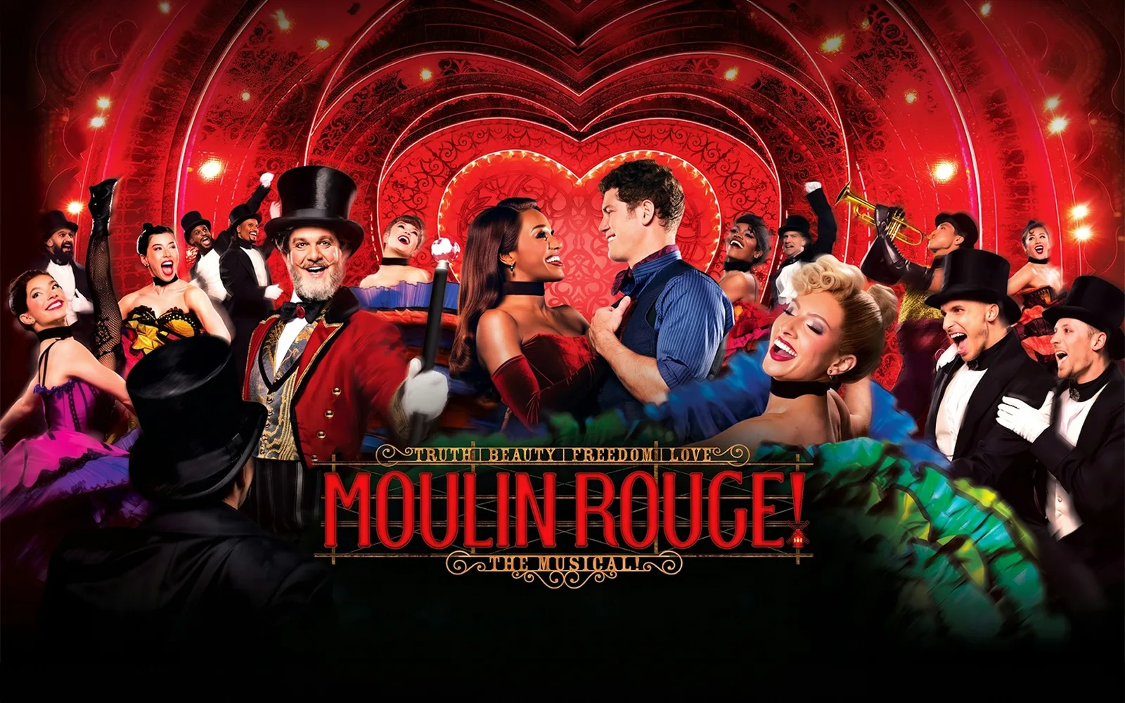 Moulin Rouge! The Musical key art with the lovers at the centre of a red heart-shaped set, surrounded by dancers in top hats and corsets