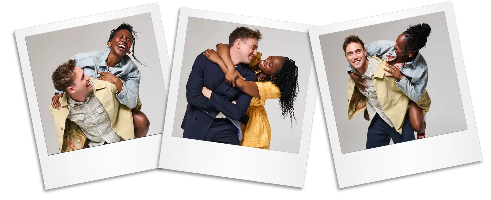 Three instant photographs of Jamie Muscato and Sharon Rose laughing together, with Rose riding piggyback on Muscato in two of them and the pair hugging in the centre picture