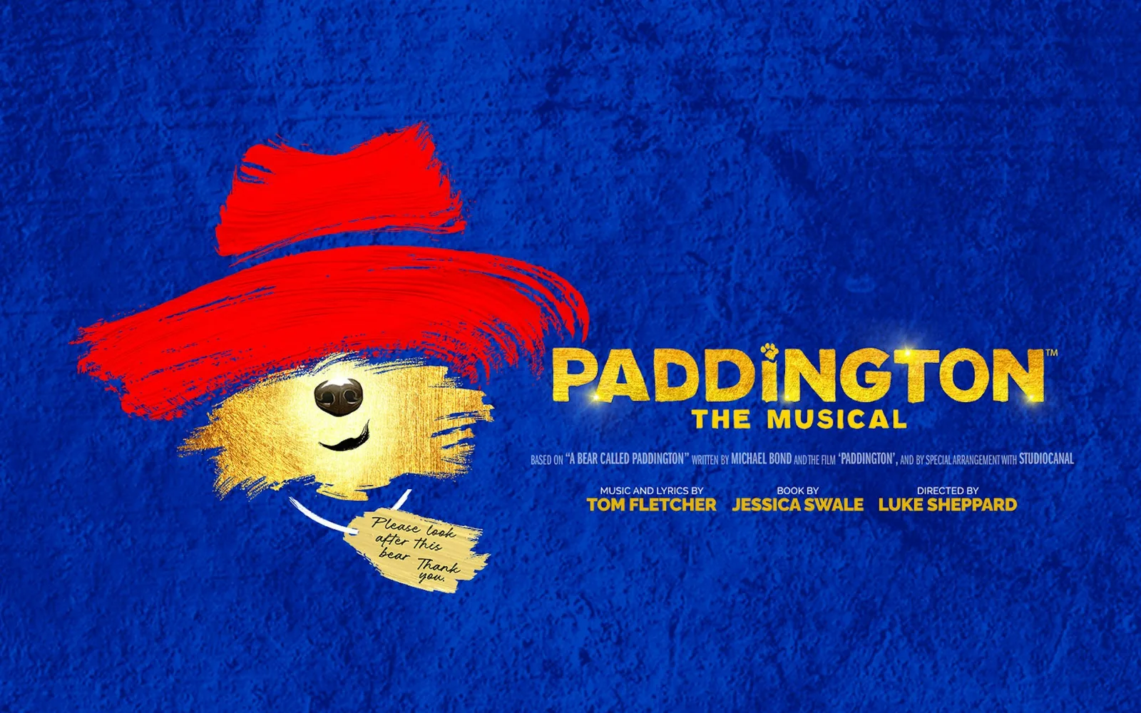 Illustrated key art of a bear in a floppy red hat with a luggage tag, on a bright blue background