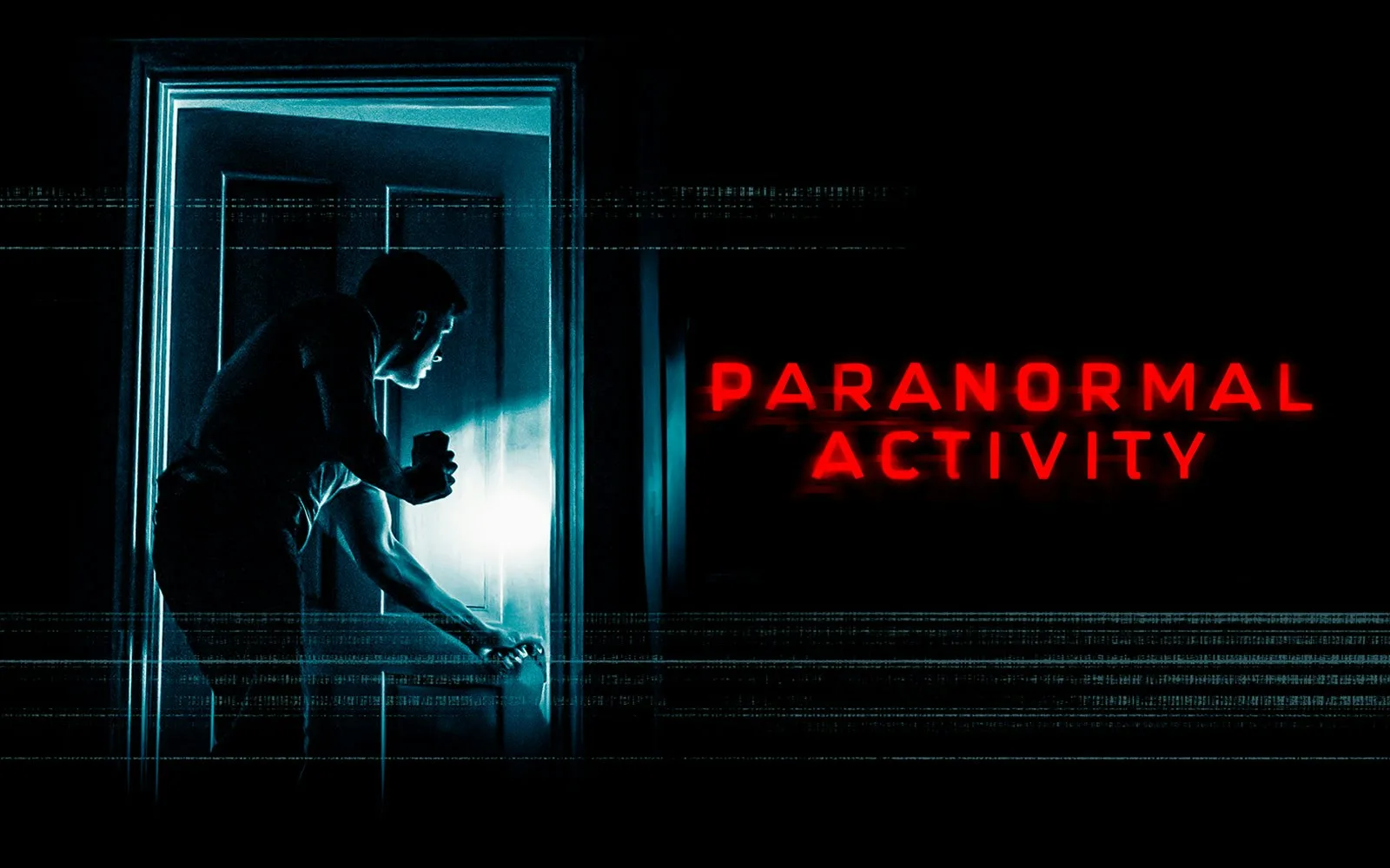 Paranormal Activity key art showing a man with a torch peering through a doorway into a dark room, beside the title in glowing red letters