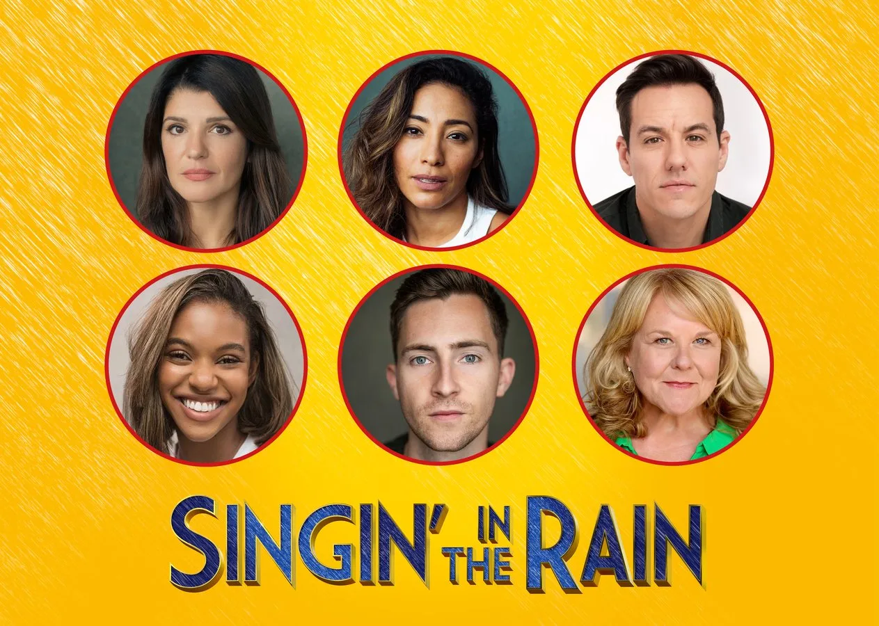Principal cast of Singin' in the Rain UK and Ireland tour on yellow rain-pattern artwork