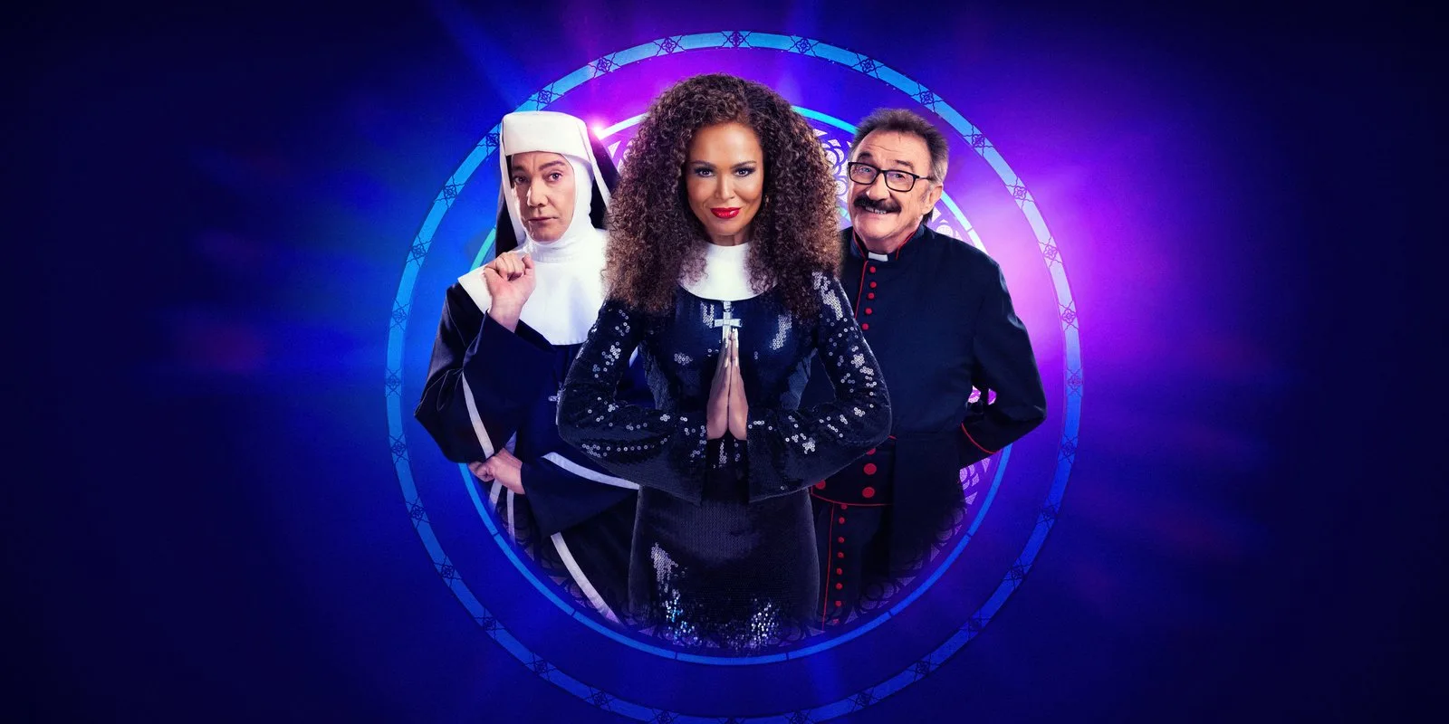 Craig Revel Horwood as Mother Superior, Zoe Birkett as Deloris Van Cartier in a sequinned habit and Paul Chuckle as Monsignor O'Hara, artwork for the Sister Act UK and Ireland tour