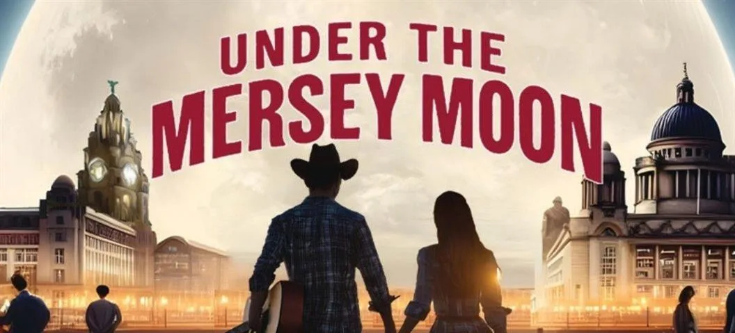 Official artwork for Under the Mersey Moon showing a couple with a guitar against the Liverpool waterfront and full moon