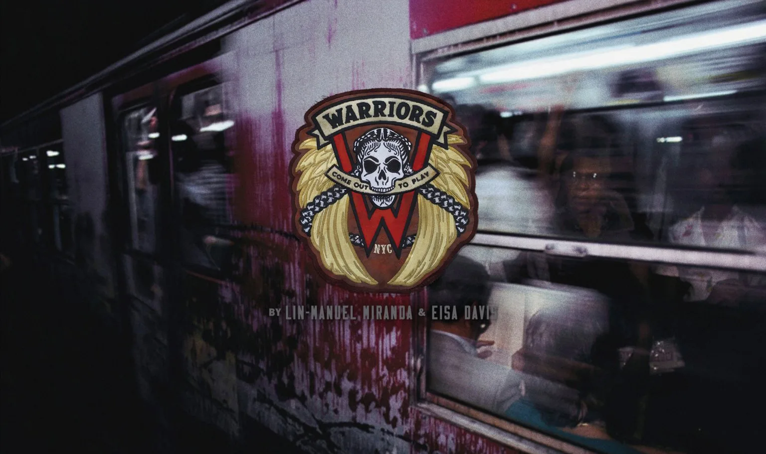 Warriors musical artwork: the gang's skull and wings patch over a graffiti-covered New York subway train