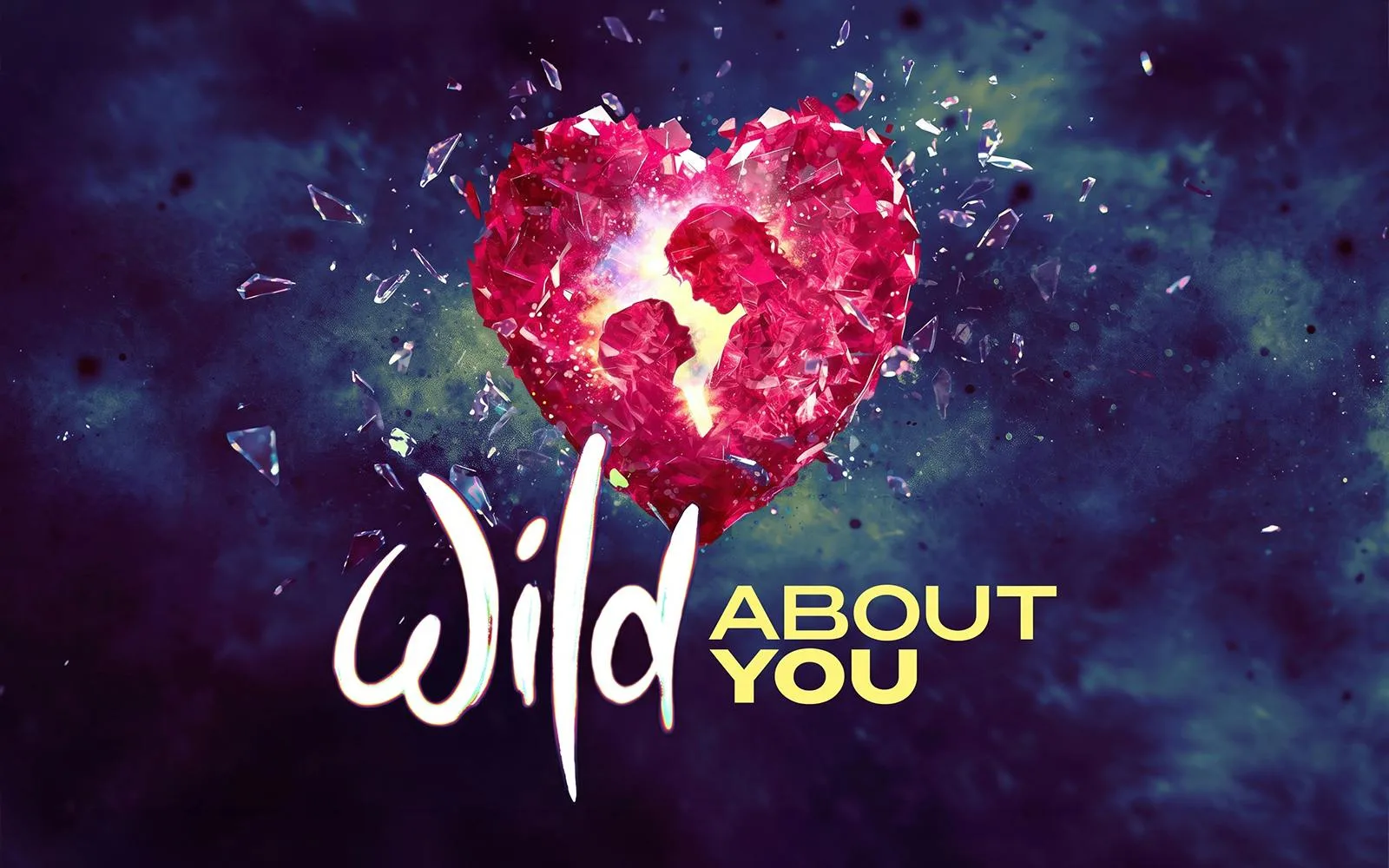Wild About You key art showing a shattered red crystal heart with two silhouetted faces inside, above the show title