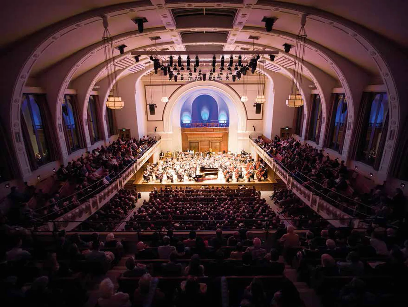 The arched main hall of Cadogan Hall in London, seen from the balcony during a concert