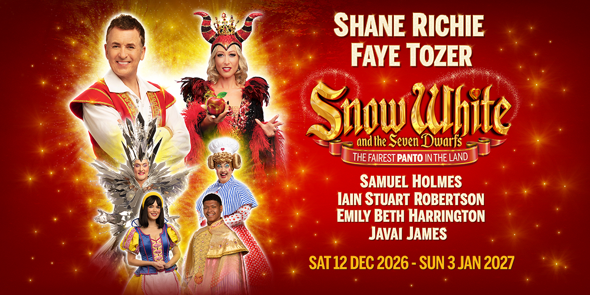 Snow White and the Seven Dwarfs Cliffs Pavilion Southend pantomime 2026 key art with Shane Richie and Faye Tozer