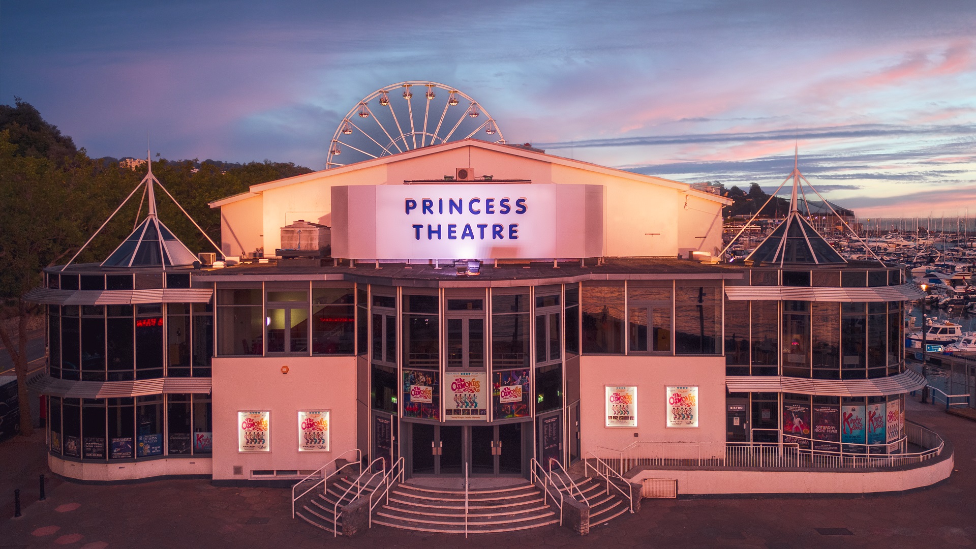 Aerial view of the front of the Princess Theatre on Torquay seafront